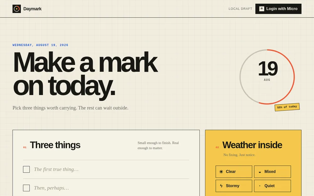 Daymark daily focus tool with priorities and an inner weather check-in