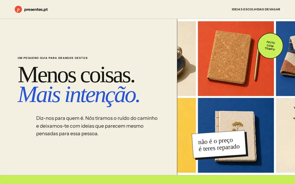 presentes.pt gift finder with colourful editorial photography