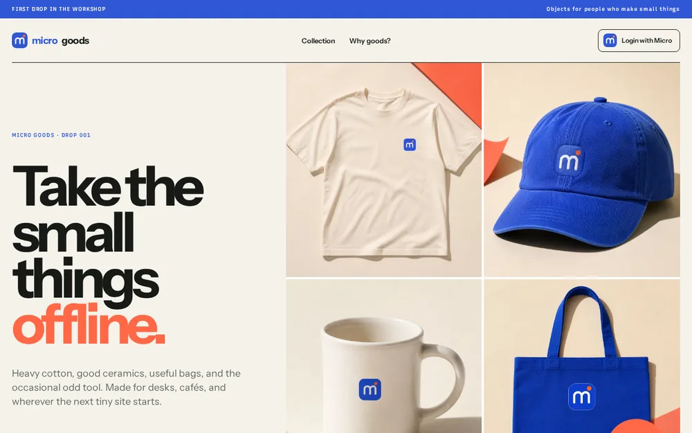 Micro Goods shop showing a shirt, cap, mug, and tote